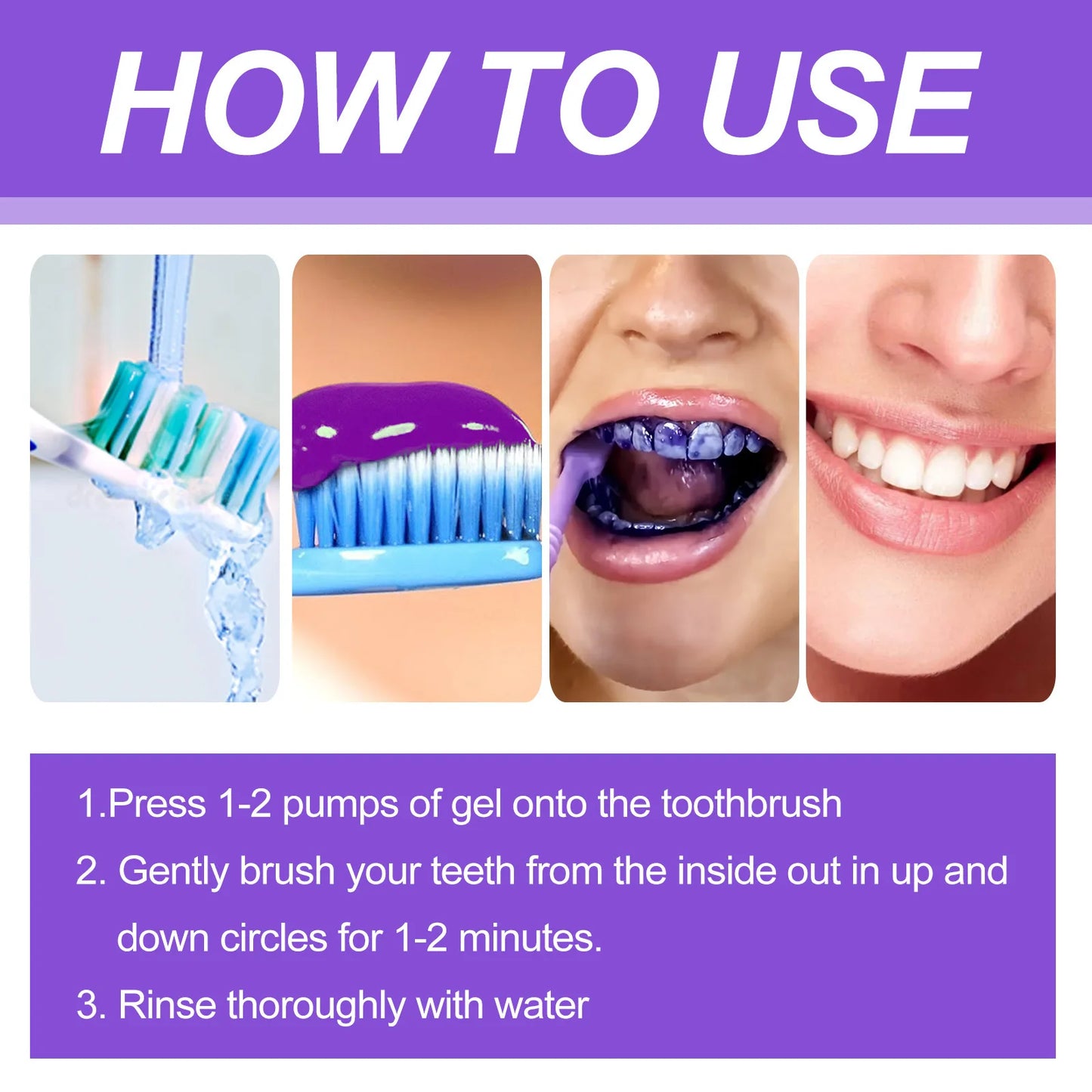 Instructions on how to use a toothbrush with gel, showing steps from applying gel to rinsing.