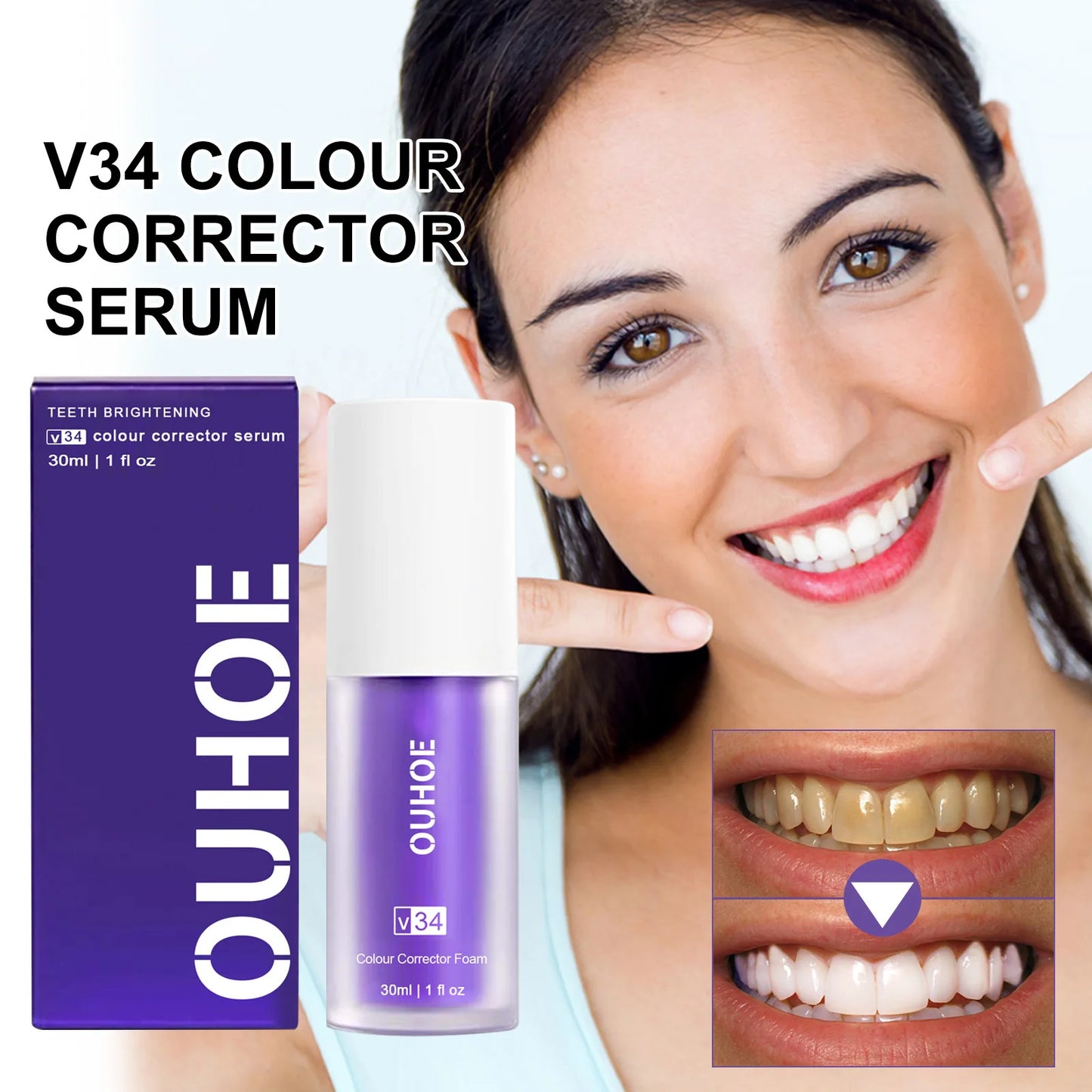 OUHOE V34 Colour Corrector Serum with packaging and before/after effect on teeth.