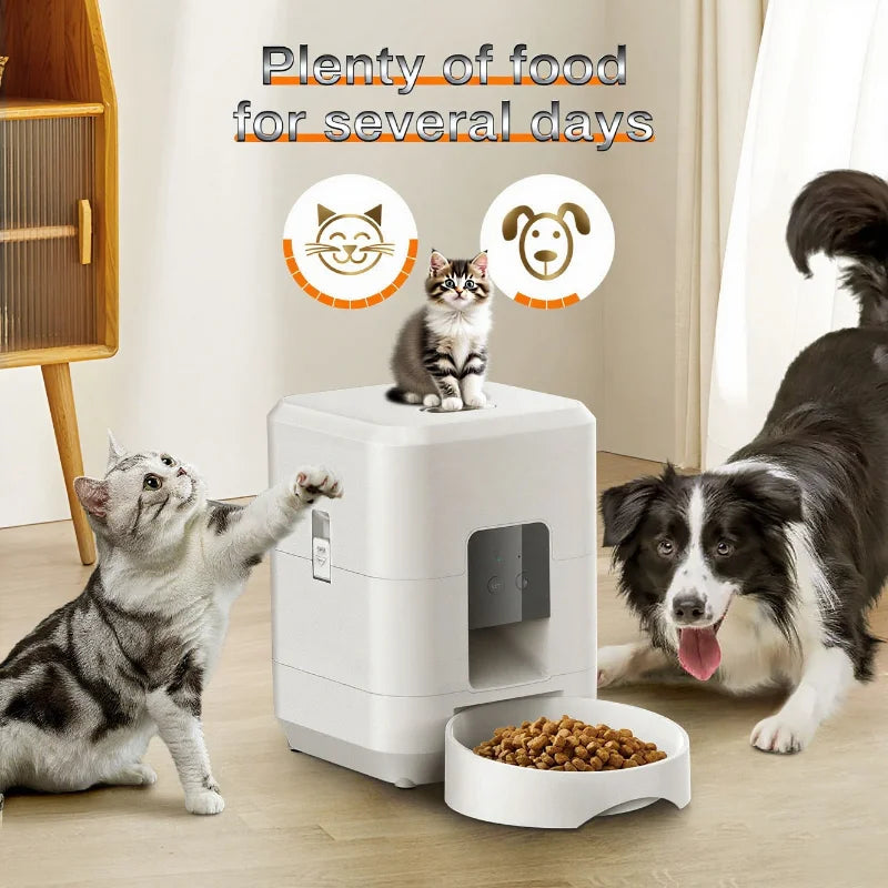 Pet feeder with cats and a dog around it, text indicating ample food supply.