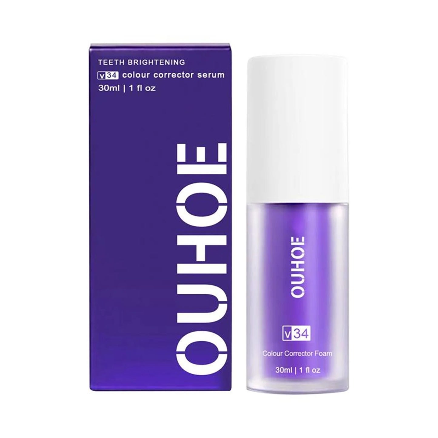 OUHOE V34 teeth brightening serum packaging and bottle on a white background
