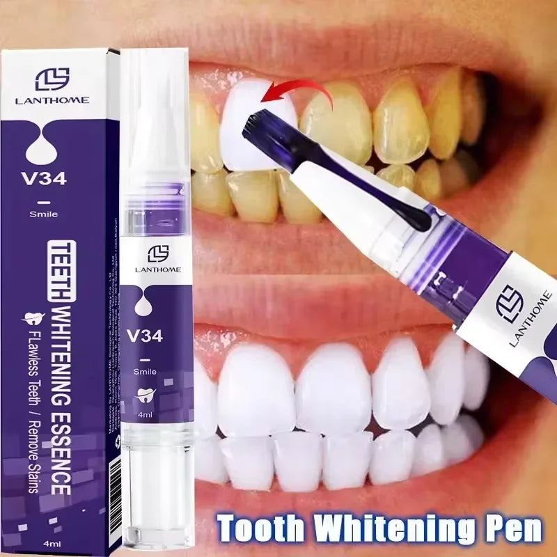Lanthome teeth whitening pen and essence with close-up of teeth being whitened.