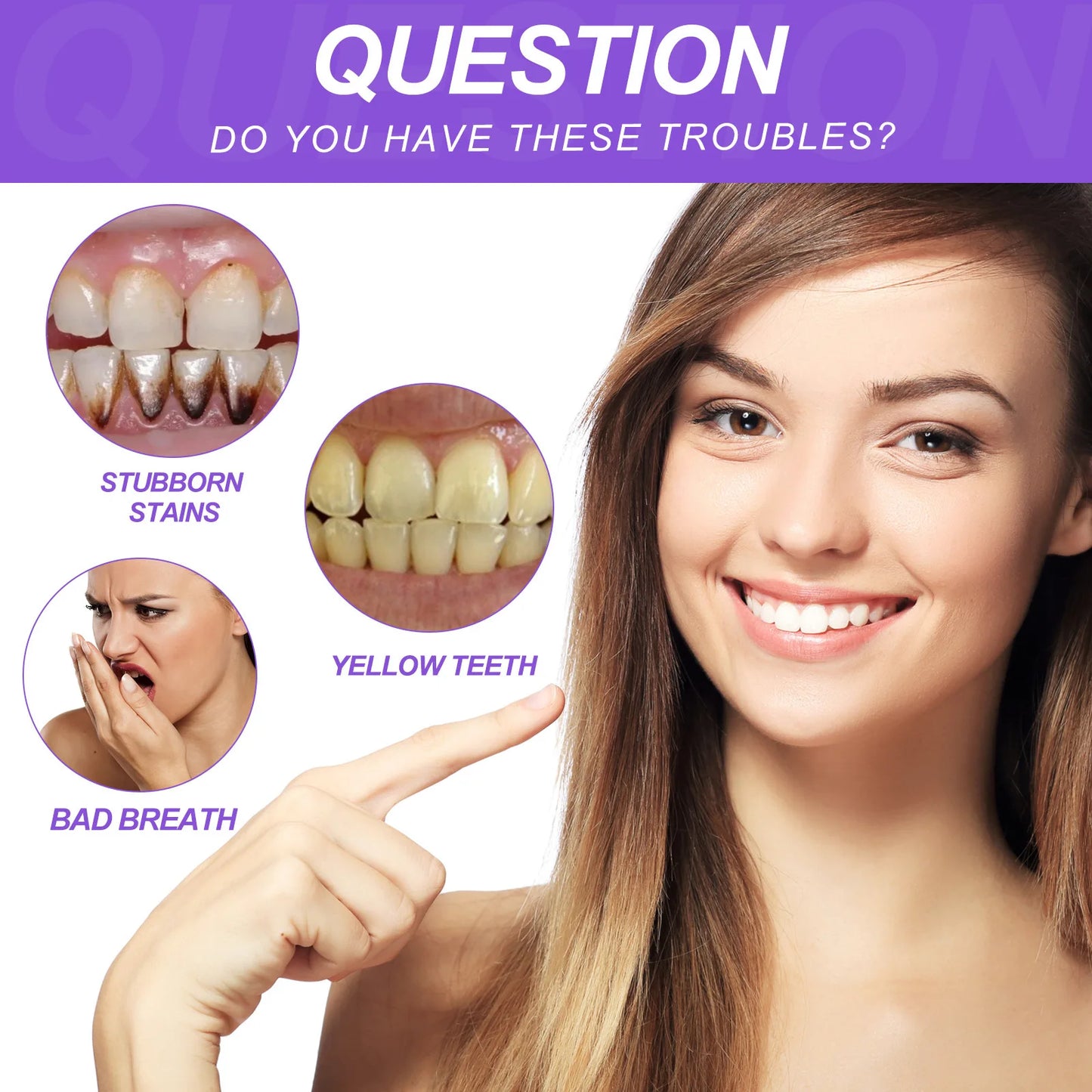Woman pointing to her smile with dental issues shown below on a purple background