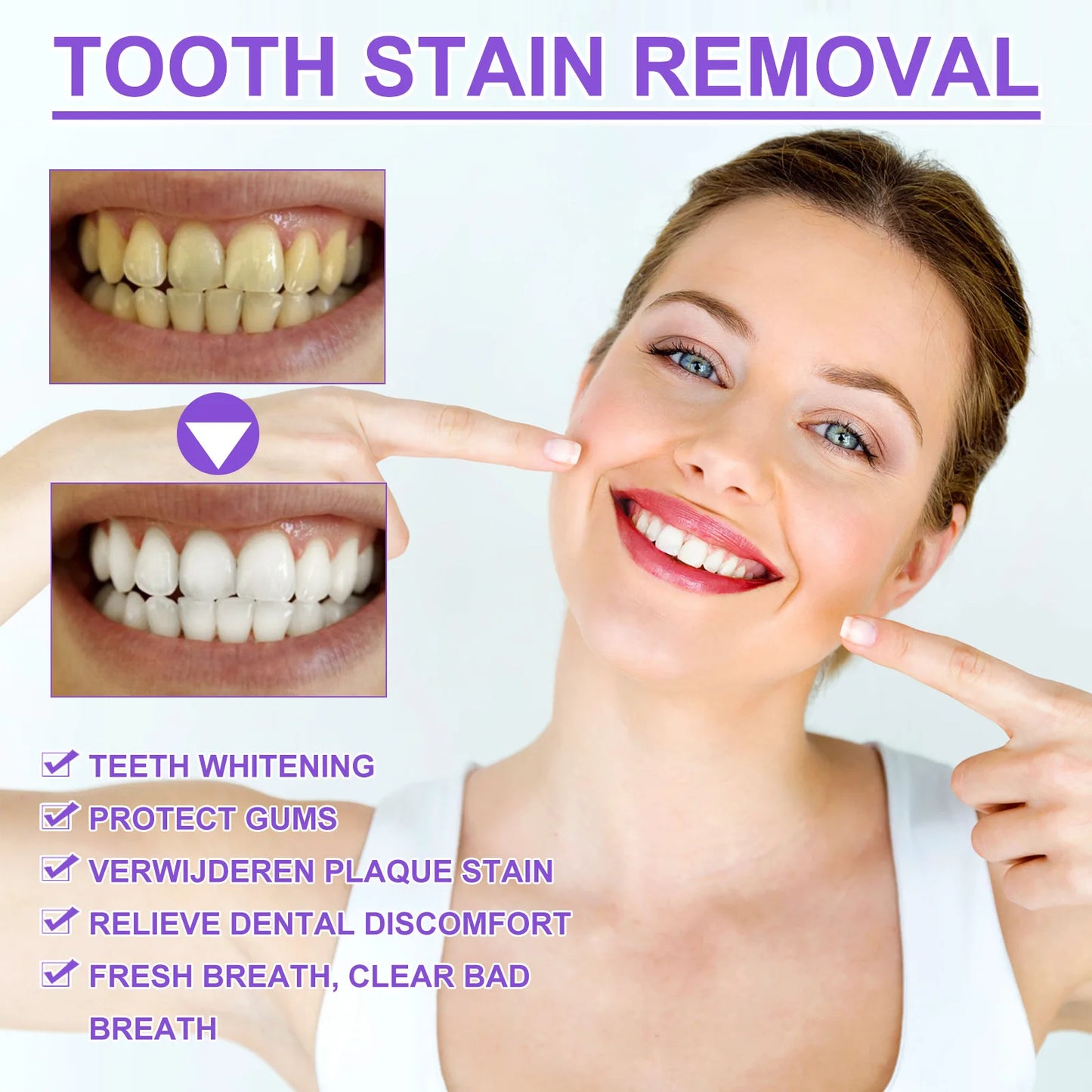 Advertisement for tooth stain removal with a woman showing before and after teeth, and text listing benefits.