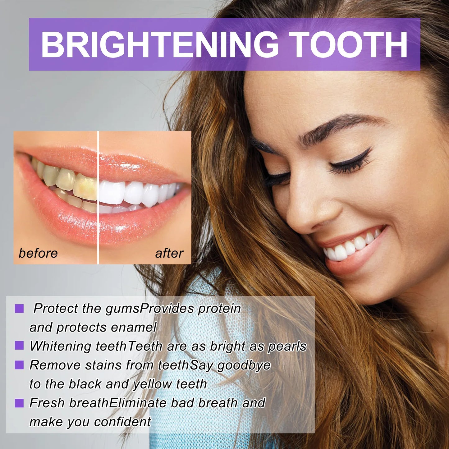 Advertisement for tooth whitening product showing a woman with a bright smile and before/after comparison of teeth.