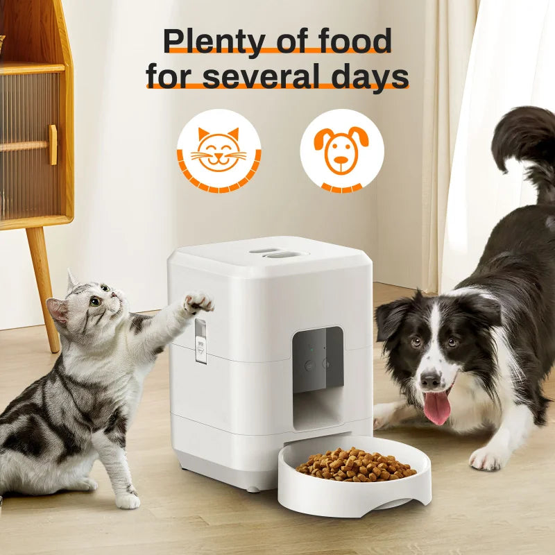 Pet food dispenser with a cat and dog reaching towards it, indicating ample food supply.