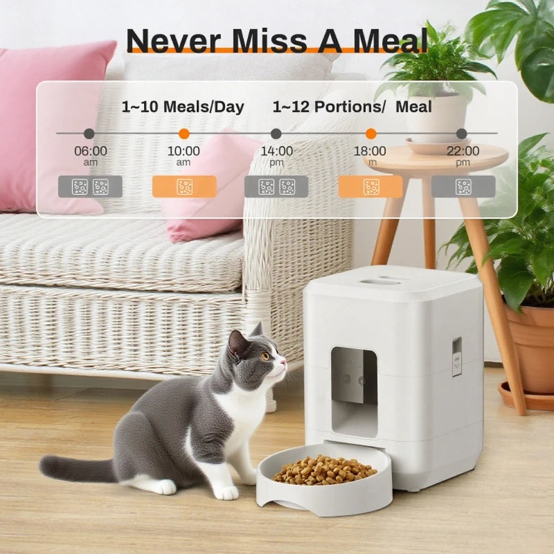 Cat sitting next to a white pet feeder with a bowl of food on a wooden floor, with a digital display showing feeding schedule.