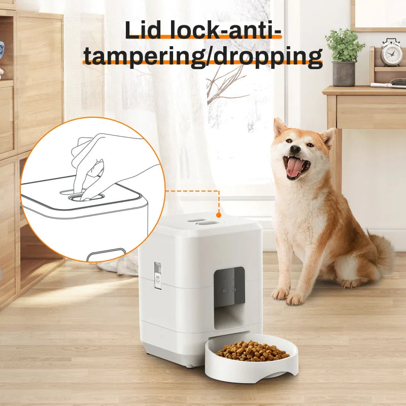 Pet food dispenser with a dog sitting next to it, featuring lid lock and anti-tampering/dropping features.