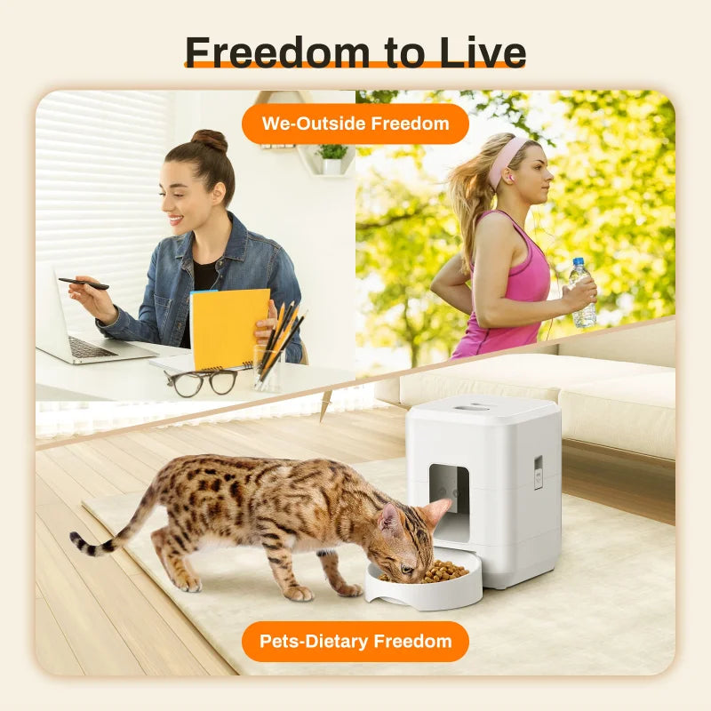 Cat eating from a bowl next to a pet feeder with 'Freedom to Live' branding.