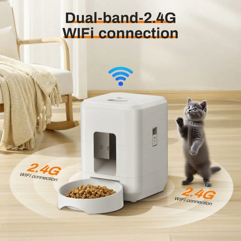White pet feeder with a kitten on a wooden floor, emphasizing 2.4G WiFi connection.