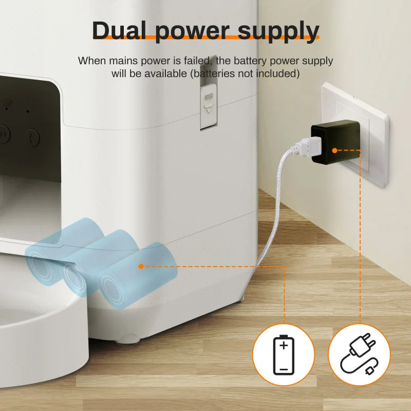 Dual power supply system with wall outlet and battery icon on a neutral background