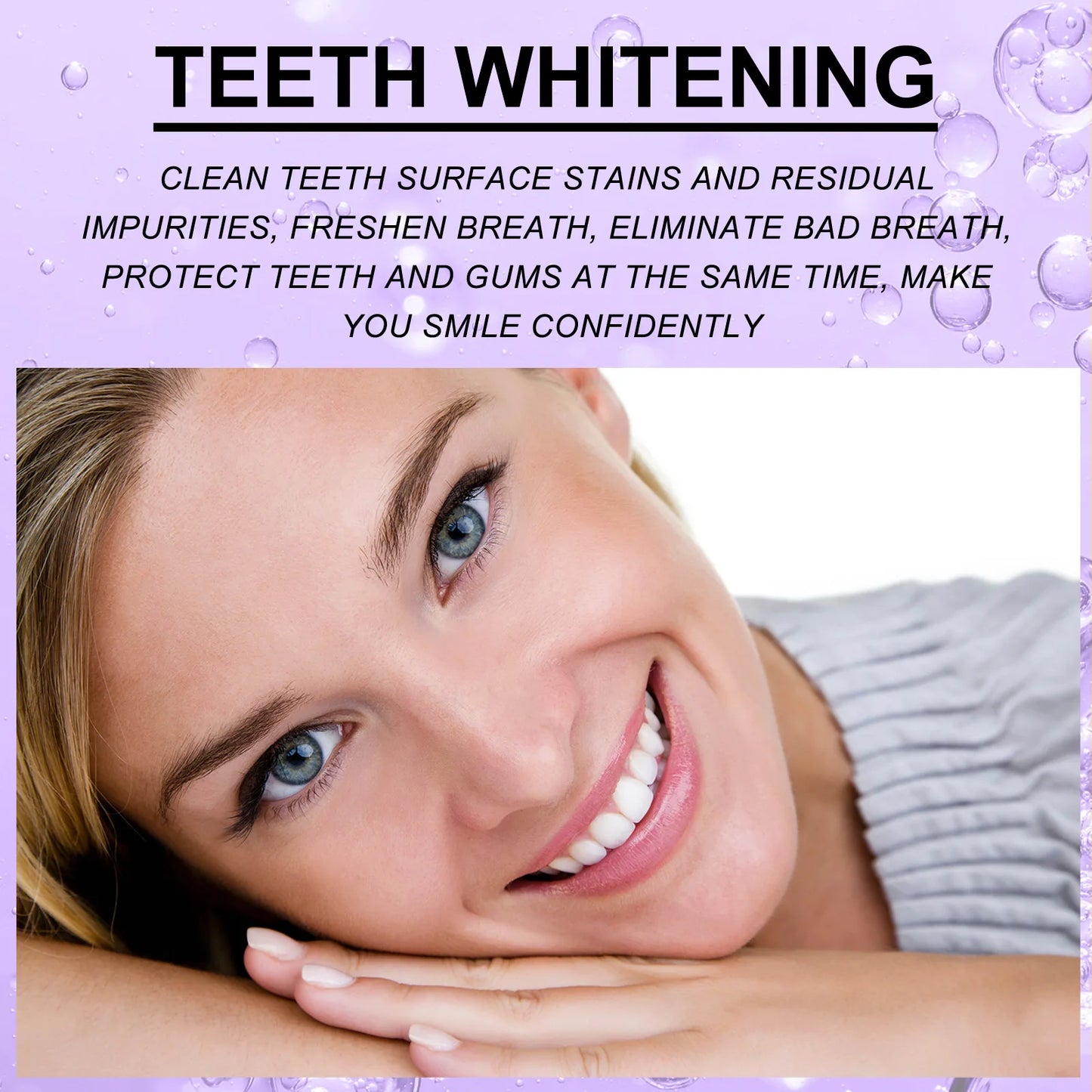 Advertisement for teeth whitening with a woman smiling and text on a purple background