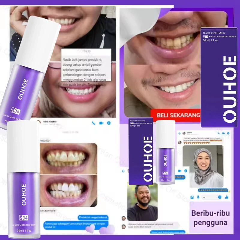 Collage of OUHOE teeth whitening product with user testimonials and branding elements.