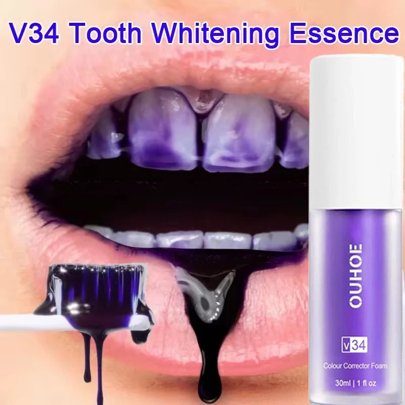 V34 Tooth Whitening Essence with a bottle and applicator showing black toothpaste-like substance.