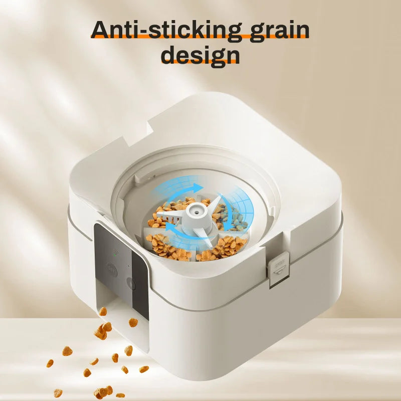 Pet food dispenser with anti-sticking grain design on a beige background