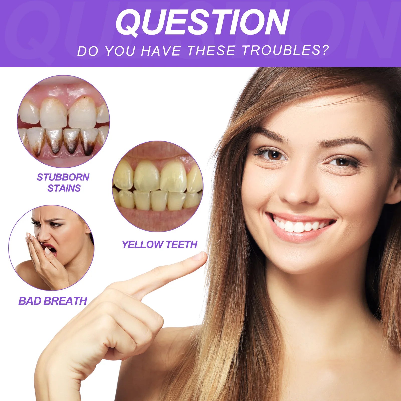 Woman pointing to her smile with dental issues shown below on a purple background