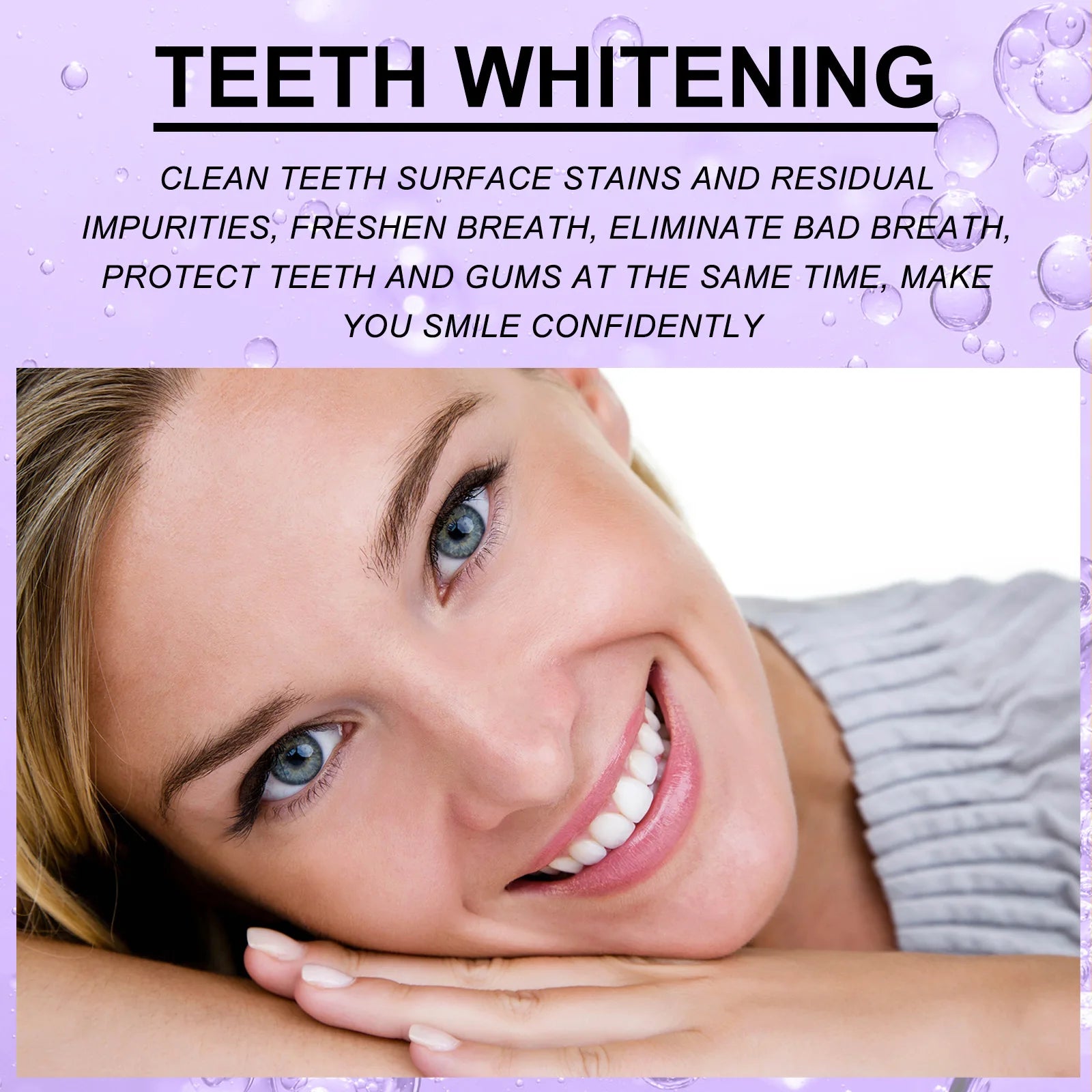 Advertisement for teeth whitening with a woman smiling and text on a purple background